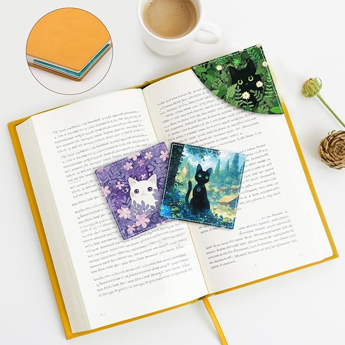 Black Cat Corner Bookmarks, Cute Leather Book Accessories for Book Lovers, 3 Pcs Reading Book Page Markers for Women Men Student Teacher Girls Boys Kids Retirement Birthday Gifts (Garden)
