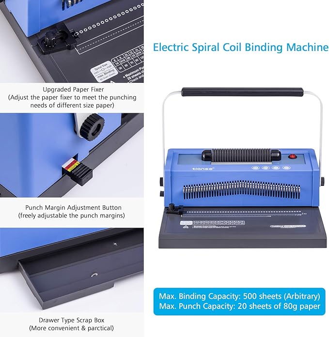 TIANSE Spiral Coil Binding Machine, Manual Book Maker Punch Binder with Electric Coil Inserter, Disengaging pins, Adjustable Side Margin, Comes with 100pcs 5/16'' Plastic Coil Binding Spines & Plier