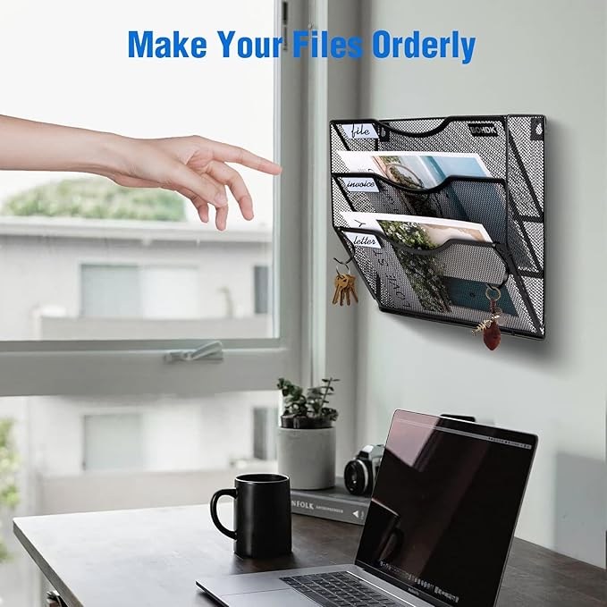 Wall File Organizer, 3 Tire Hanging File Folder Mail Organizer, Vertical Mesh Metal Door/Wall Mount Hanging File Holder, Paper Document Magazine Rack with Hooks for Home Office Black