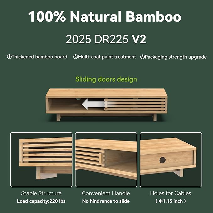 Monitor Stand Riser with Sliding Door, Computer Laptop Stand Desk Shelf Organizer with Storage (Natural Bamboo, 25 Inch)