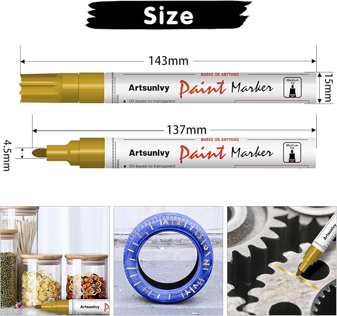 Gold Paint Pens Permanent Markers - 2 Pack Paint Markers for Metal, Rubber,Wood, Rocks, Canvas, Plastic, Dark Surface, Craft Art Supplies, Medium Tip, Quick Dry, Waterproof