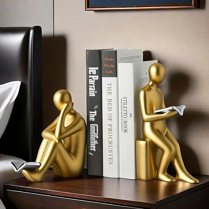 Home Decorative Reading Book Statue Bookends Elegant Resin Bookshelf Room Office Desk Decor,Paper Weights, Book Ends,Bookend Supports, Book Stoppers, Set of 2 (Gold and Silver)