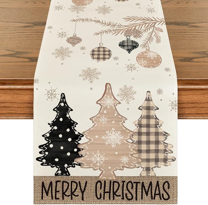Artoid Mode Brown Pine Trees Snowflake Merry Christmas Table Runner, Winter Xmas Holiday Kitchen Dining Table Decoration for Home Party Decor 13x72 Inch