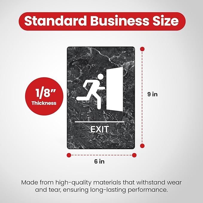 Promot Exit Sign – ADA Braille Exit Sign for Business, Self-Adhesive, 9" x 6", Commercial Door Signage, Office Wall Decor - Marble Charcoal