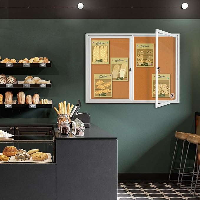 Lockable Outdoor Enclosed Bulletin Board, Weatherproof Cork Noticeboard with Locking Door, Wall-Mounted Aluminum Framed Display Case for Messages,36x24in (5xA4) (Silver Frame & Cork, 44x32 in)