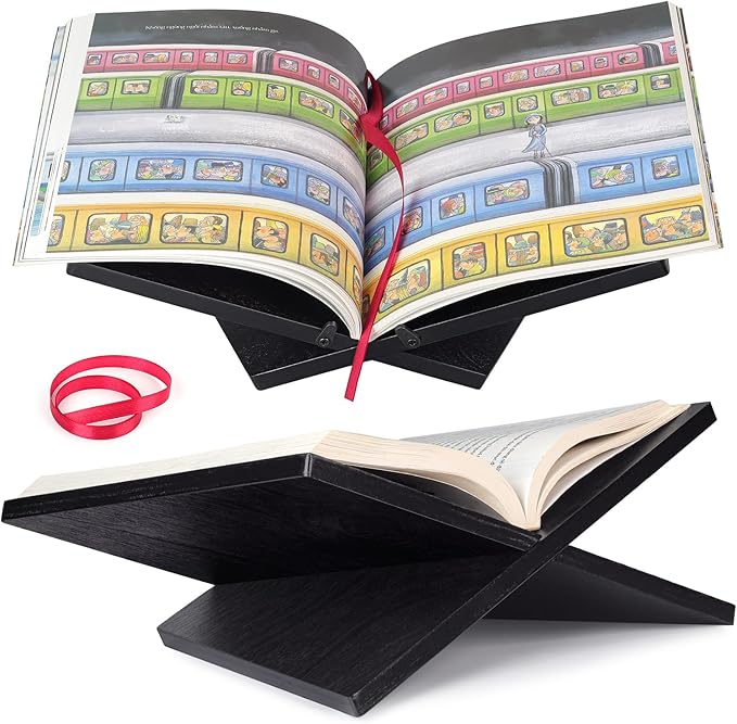Solid Wood Book Stand for Reading and Display, Foldable Book Holder for Cookbooks, Art Books, Bibles, Magazines – Open Book Stand for Kitchen, The Front Stopper Helps Prevent Books from Sliding.