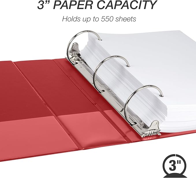 Samsill 3 Inch 3 Ring Binders, Made in USA, Economy Round Ring, Clear View Cover, 550 Sheet Capacity - for School, Home, Office - Red, 12 Pack