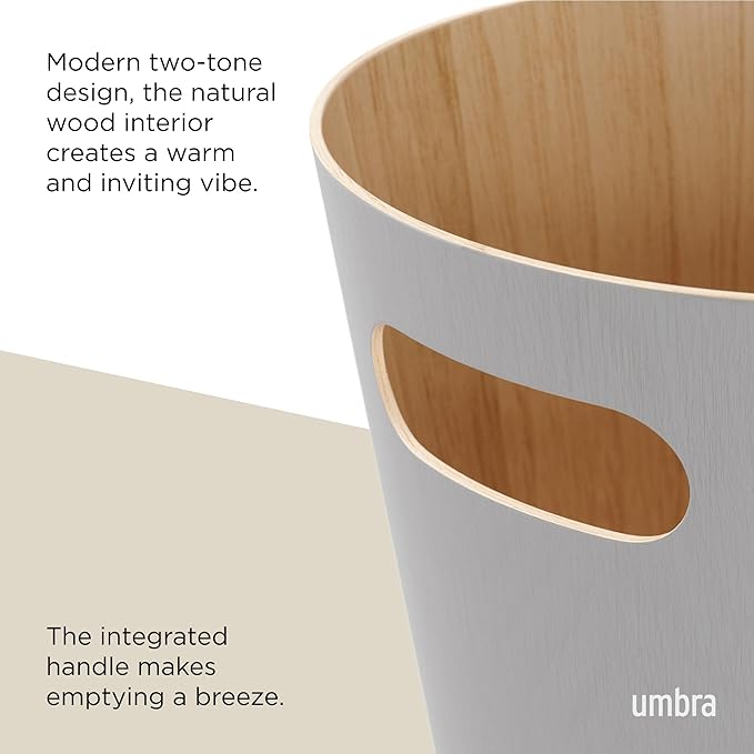 Umbra Woodrow, 2 Gallon Modern Wooden Trash Can Wastebasket or Recycling Bin for Home or Office, Grey (082780-918)
