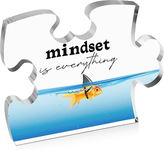 Inspirational Gifts for Friends Coworker, Engraved Acrylic Block Heart Puzzle with Gift Box, Mindset is Everything, 3.9 x 3.3 Inch Engraved Acrylic Office Desk Sign - PT26