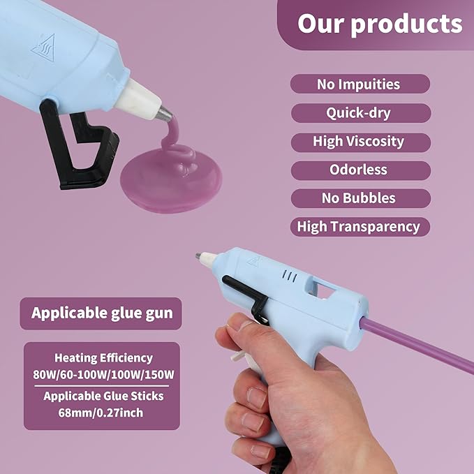 MATUFF light purple Hot Glue Sticks Mini 0.27" x 5.9 inches, Hot Melt Mini Glue Sticks Colored for All Temperature Mini Glue Guns, for Craft Arts and Wedding Cards Stamp Sealing, Bulk hot Glue 60 Pack