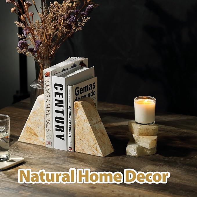 Koville Marble Bookends for Shelves, Large Bookends for Heavy Books, Natural Stone Book Stopper for Books CD Movies, Aesthetic Decorative Book Ends, Bookshelf Table Home Decor(Gold)