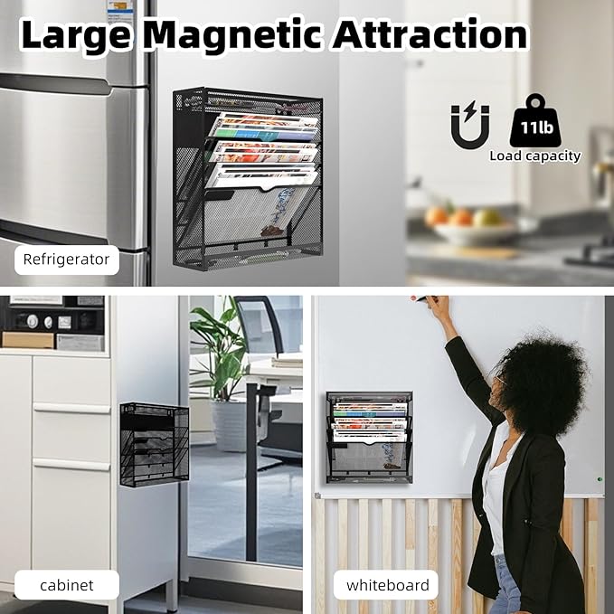 5 Tier Magnetic File Holder, No Drilling Wall File Organizer, Magazine Paper Mail Document Holder/Magnetic Hanging File Organizer for File Cabinets,Whiteboard refrigerator,Office,Classroom(Black)