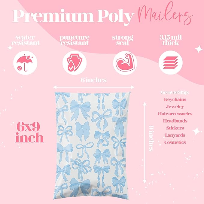 6x9 Designer Poly Mailer 100 Pack Heavy Duty Waterproof Self Seal Shipping Bags for Small Business Large Mailing Envelopes Bulk Tear Resistant Packaging Blue Bows
