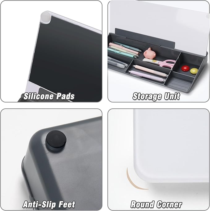 SELEAD Desktop Glass Whiteboard with Organizer, Markers, Eraser, Holder - Small Dry Erase White Board Computer Pad Keyboard Stand for Home, School, Office Desk Accessories - Grey