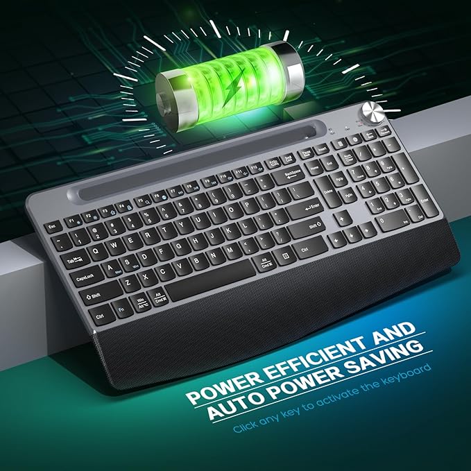 Ergonomic Wireless Keyboard with Wrist Rest-Low-Profile,Phone/Tablet Holder,Quiet Design，Windows & Mac OS，Full Size Cordless USB Computer Keyboard for Desktop,Laptop, PC, Mac, Windows-Black