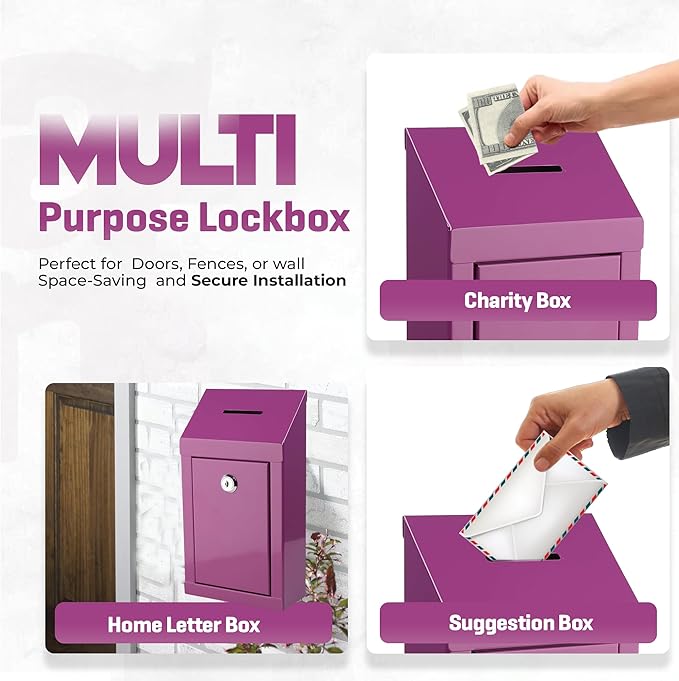 Metal Donation Box-Suggestion Box with Slot and lock-Cash Lock box for Money-Secure Drop Box-Comment and ballot voting box-comes with pre-drilled holes for easy wall mounting 10 X 6 X 2.5"(Purple)