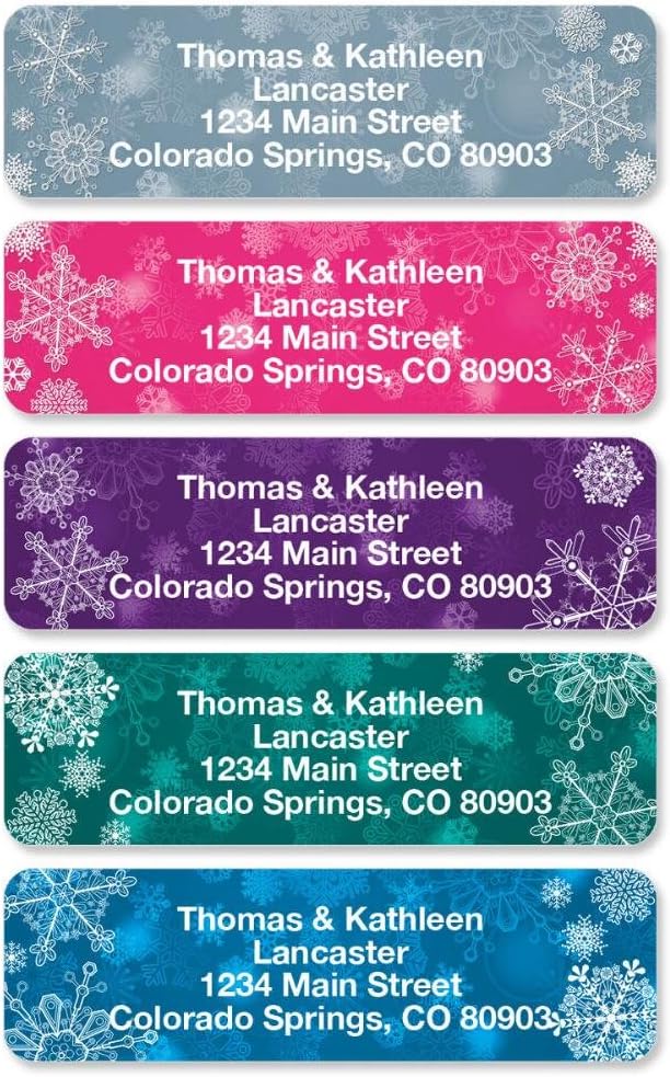 Snowflake Christmas Holiday Rolled Personalized Return Address Mailing Labels with Dispenser, Set of 500, 5 Designs, Small ¾ x 2½ Inch Size, Custom Self-Adhesive Sticker Roll, by Colorful Images