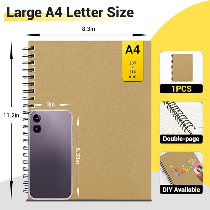 EUSOAR College Ruled Notebook, 1 Pack A4 8.3"x11.2" Hardcover Spiral Lined Journal Writing Pads, 240 Pages(120 Sheets) Professional Notebook for DIY Note Taking School Business Work Office Diary