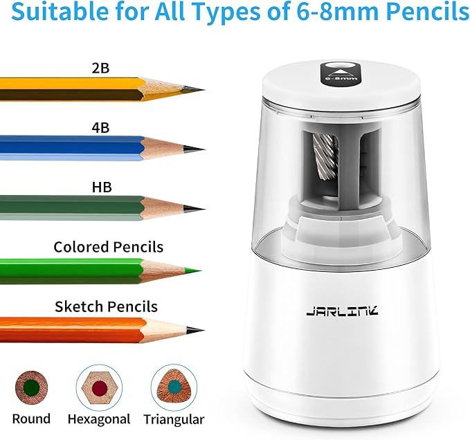 JARLINK Electric Pencil Sharpener, Heavy-Duty Helical Blade to Fast Sharpen, Auto Stop for No.2/Colored Pencils(6-8mm), AC Adapter/Battery Operated in School Classroom/Office/Home (White)