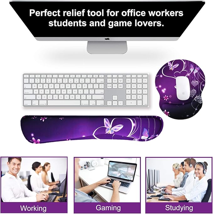 ArtSo Upgraded Wrist Rest Support for Mouse Pad & Keyboard, Ergonomic Gel Mousepad Non-Slip Rubber Base Home,Office Pain Relief, Easy Typing Cushion Neoprene, Soft Memory Foam, Purple Heart Butterfly