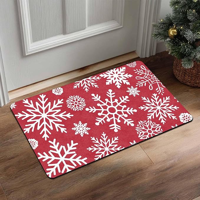 InterestPrint Christmas Red Door Mat Xmas Snowflakes Doormat Washable Floor Mats Outdoor Indoor Non-Skid Area Rug Entry Doormat for Bedroom Living Room Kitchen Nursery, 16" x 24" Inch
