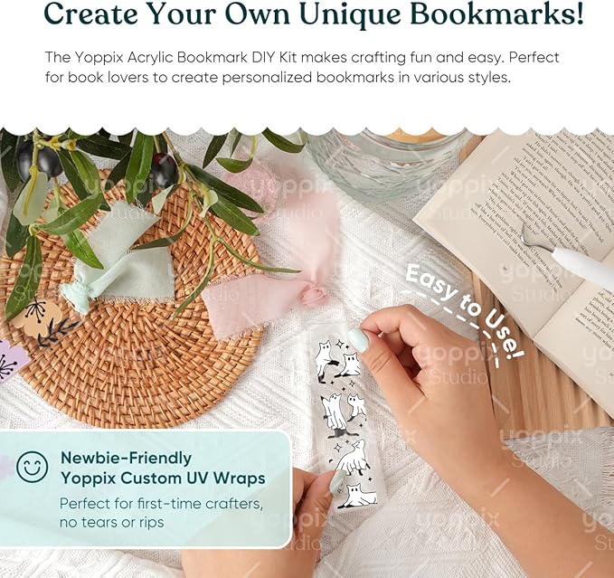 YOPPIX 180 Pcs Acrylic Bookmark Blanks- 20 Set Bookmark Making Kit with 20 UV DTF Stickers About Halloween Theme 20 Tassels 20 Ribbon 80 Bookish Stickers for DIY Your Crafts Gift for Book Lover