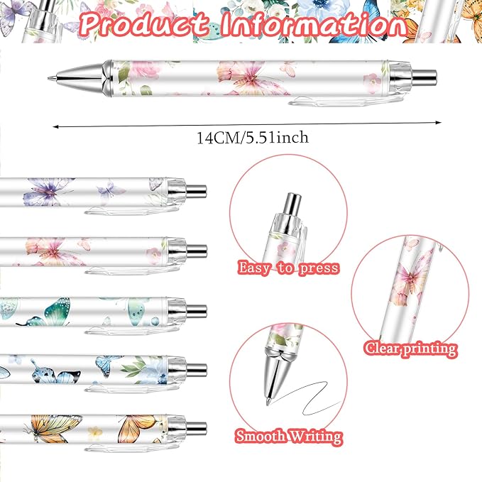 10 PCS Butterfly Ballpoint Pen Retractable Ballpoint Pen, 0.5mm Ball Point Pens for Office Stationery Home School Supplies for Women Teacher Gifts Black Ink, Medium Point (Butterfly, 10)