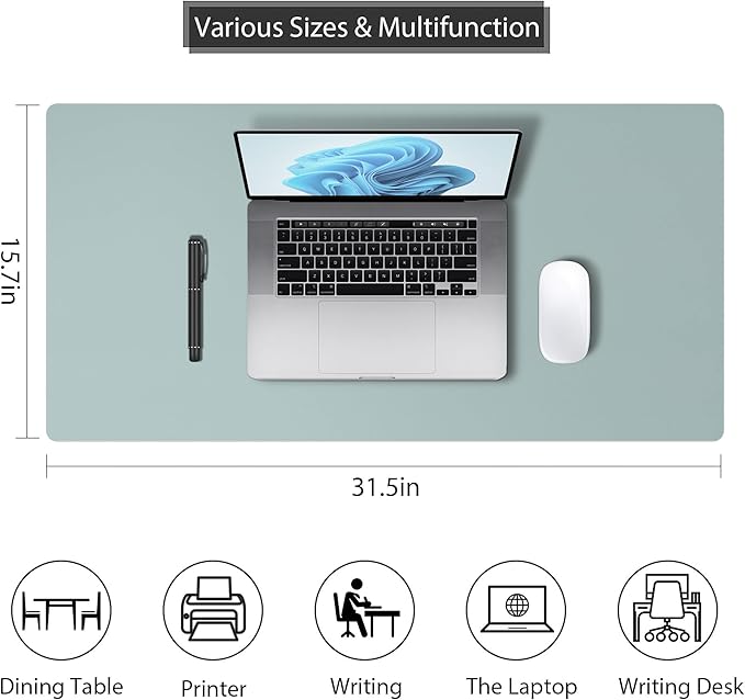 Mouse Pad Desk Protector Mat, Large PU Leather Office Desk Mat, Non-Slip Desk Pad for Keyboard and Mouse, Waterproof Desk Blotter Pad for Writing, Smooth Laptop Desk Pads, Light Teal (15.7''X31.5'')