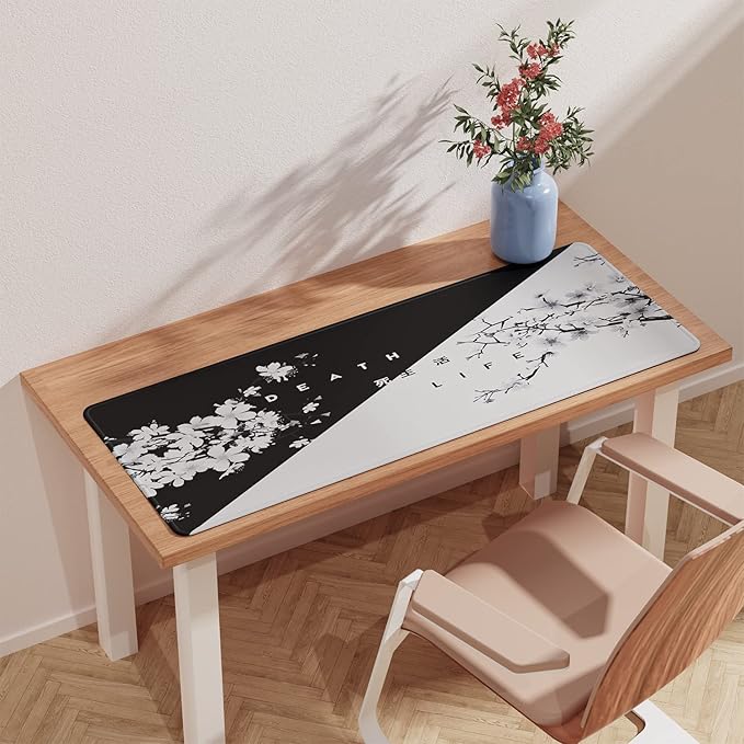 ETZ Black and White Japanese Cherry Tree Blosson Mouse Pad (31.5 × 11.8 × 0.12 inch) Extended Large Mouse Mat Desk Pad, Stitched Edges Mousepad,Non-Slip Rubber Base,Gaming Mouse Pad XL.