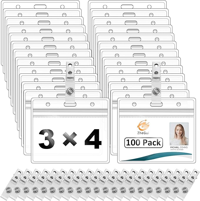 Clear Plastic Horizontal Name Tag Holder and Metal Badge Clip with Vinyl Straps Waterproof PVC ID Card Holders (100 Pack, Horizontal Large 3x4)