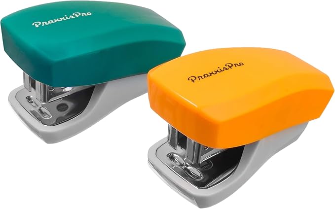 Aria Premium Mini Stapler Set by PraxxisPro - with Built-in Staple Removers, 2000 Standard Staples Included - for Office, School, and Travel, Set of 2, Orange & Green
