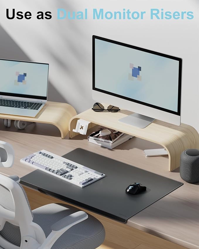 Solid Wood Dual Monitor Stand Riser 2 Tier, 24.1 Inch Desktop Organizer with Phone Holder, Ergonomic Computer Stand, Multifunctional Desk Shelf for Laptop, PC, Printer, Supports Up to 110lbs