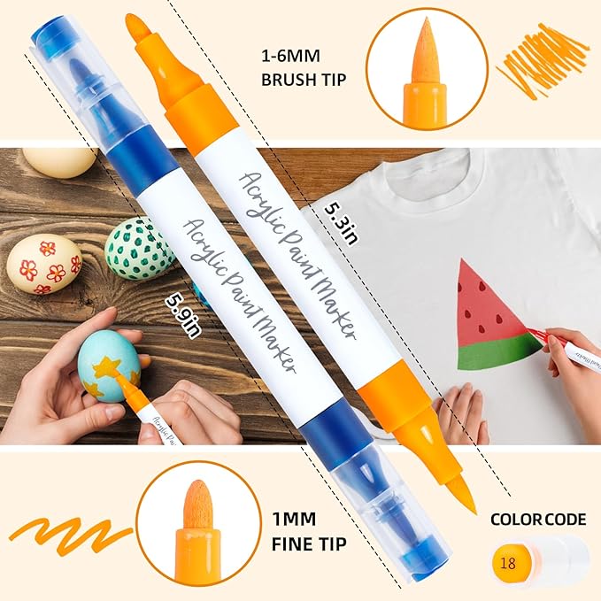 YHC 120 Colors Acrylic Paint Pens with Free App, Dual Tip Acrylic Paint Markers with Brush Tip and Fine Tip for Adults, Kids, Eggs, Wood, Rock, Canvas, Plastic, Stone, Glass, Ceramic