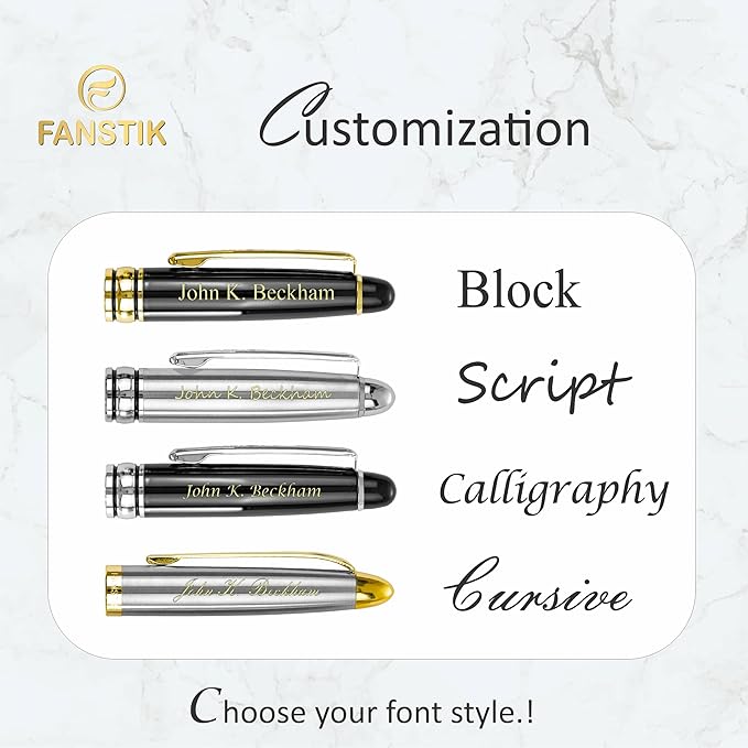 Customized Fountain pen with name (MADE IN USA), stainless steel, black and gold, luxury engraved pen personalized for men and for women. (Fountain Black-Gold)