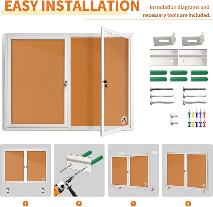 Lockable Outdoor Enclosed Bulletin Board, Weatherproof Cork Noticeboard with Locking Door, Wall-Mounted Aluminum Framed Display Case for Messages,36x24in (5xA4) (Silver Frame & Cork, 44x32 in)