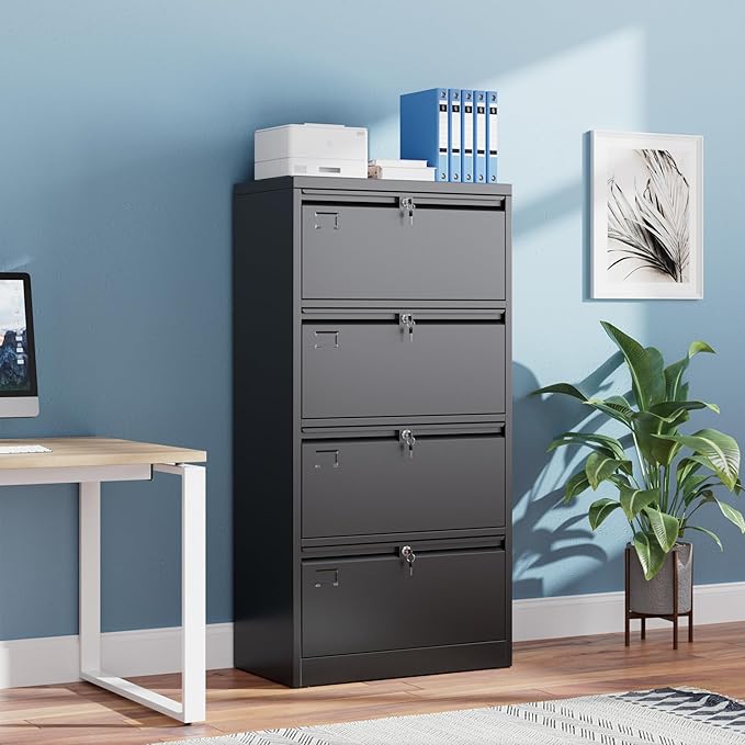METAN Upgrade Metal 4 Drawer Lateral Files Cabinet for Home Office, Lockable Steel Wide File Storage Cabinet for Hanging Legal/Letter A4 Size, Assembly Required,Black