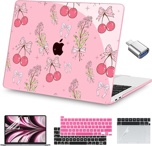 Teryeefi for MacBook Pro 13 inch Case A2338 M2 M1 Chip A2251 A2289 A2159 A1989 A1706 (2025 2024 2023 2022-2016), Clear Pink Hard Shell with Keyboard Cover Trackpad Film Type C Adapter,Pink Cherry W128