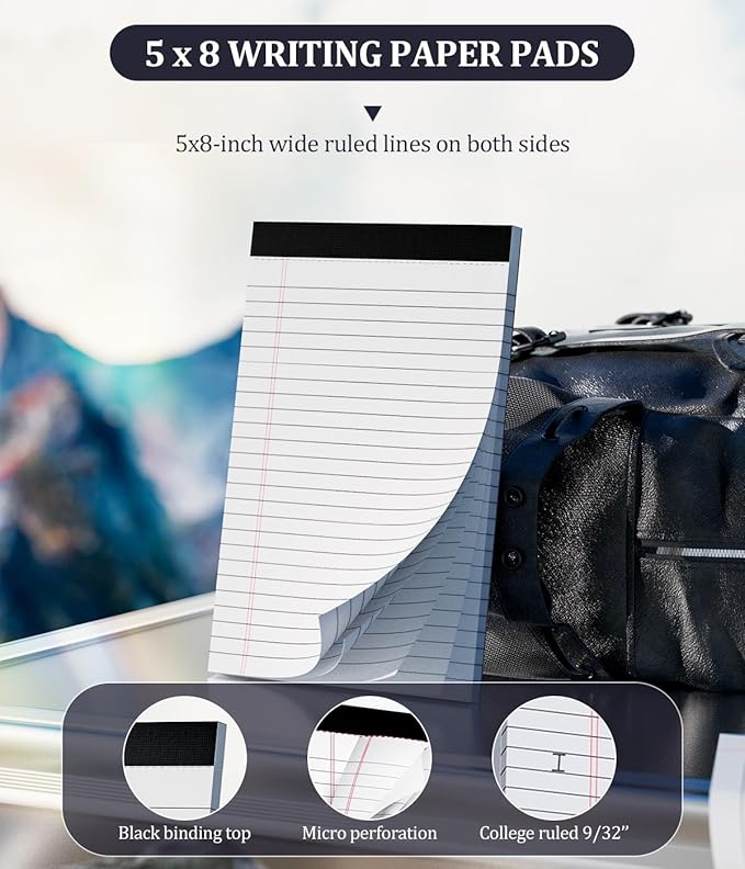Legal Pads 5x8 Small Note Pads 5x8 Notepads for Work, 6 Pack Writing Pads 5x8 College Ruled Lined Paper Pads, Micro Perforated Decent 80 GSM 5x8 in Legal Note Pad Narrow Ruled, 30 Sheet per Notepad