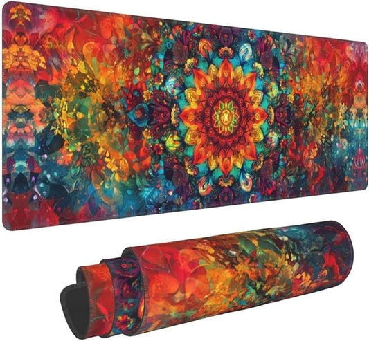 Mandala Mouse Pad 31.5 X 11.8 Inch Big Desk Rubber Base Stitched Edges Keyboard Pad XXL Mouse Mat for Home Game and Office