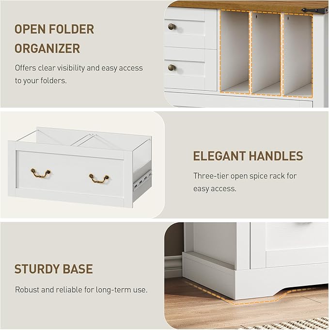 Farmhouse File Cabinet for Home Office, Lateral Filing Cabinet with 3 Drawers & Folder Organizer, Office Storage Cabinet for A4 Letter Files, Printer Stand with Storage Cabinet, White & Walnut