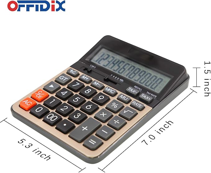 OFFIDIX Desktop Calculator with Large 12 Digit LCD Display, Solar Battery Dual Power, Perfect for Office, Home, School