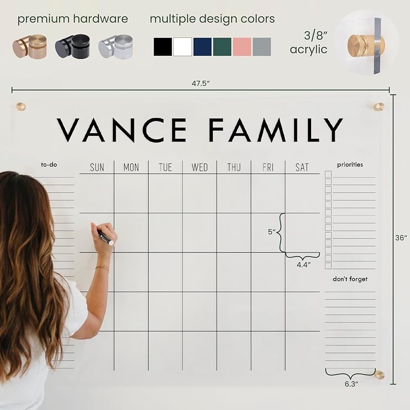 Personalized Clear Acrylic Calendar for Wall, Calendar Whiteboard for Wall, Dry Erase Wall Calendar, Wall Calendar Organizer System for Home (Block, Grey, 47.5"W x 36"H)