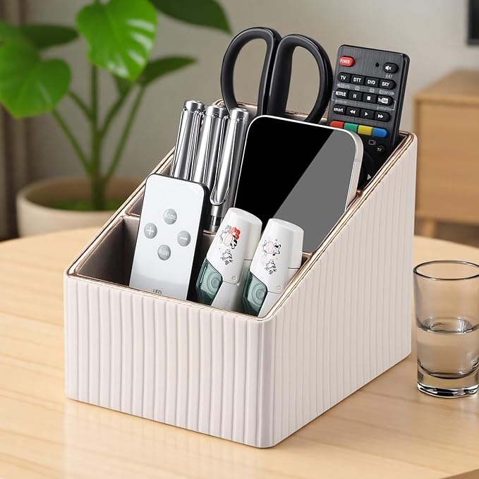 KINGFOM Remote Control Holder with 3 Compartments, Pu Leather Remote Caddy Desktop Organizer for TV, CD, Blu-Ray, Media Player, Heater Controllers and Cosmetics Office Supplies Light Beige