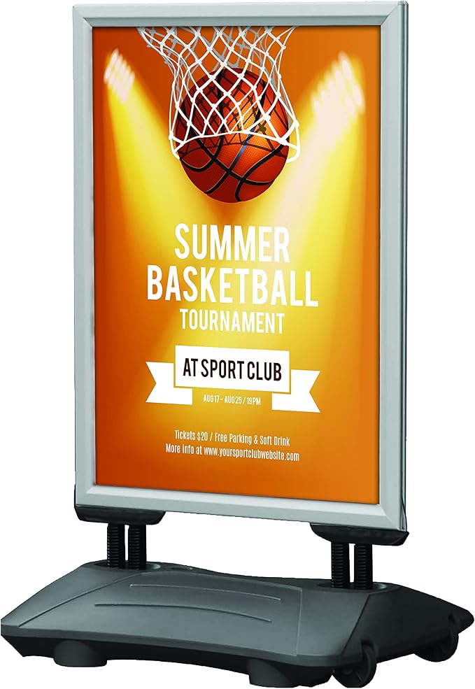 M&T Displays WindPro Weather and Wind Resistant Outdoor Pavement Sidewalk Sign Holder for 24x36 Inch Posters Silver Aluminum Easy Front Loading Snap Frame Durable HDPE Silver Water Base (10 Pack)