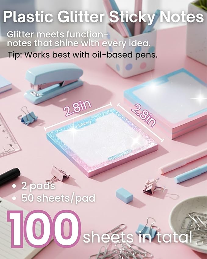 100pcs Glitter Sticky Notes, Transparent Sticky Notes with Pink Blue Iridescent Edge, Cute Self-Adhesive Memo Pads for Office, School & Home Stationery (2 pack-50pcs/1pack)