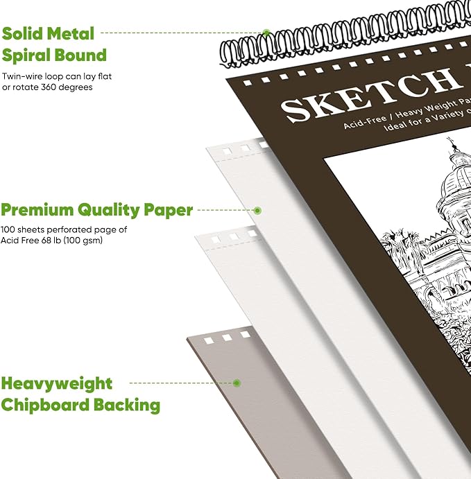 Soucolor Sketchbook 8.5x11 Hard Cover - 100 Sheets Spiral Bound Sketch Pad 8.5" x 11", 68lb/100gsm Thick Drawing Paper 8.5" x 11", Acid-Free Art Notebook for Kids Adults Classroom Teacher Must Have