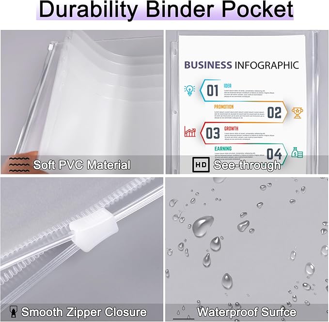 Antner 8 Pack Clear Letter Size Binder Pockets 3 Ring Binder Zipper Pouch Document Organizer, Waterproof PVC 3-Hole Loose Leaf File Bags Insert Sleeves Page Sheet Protectors Business Office Supplies