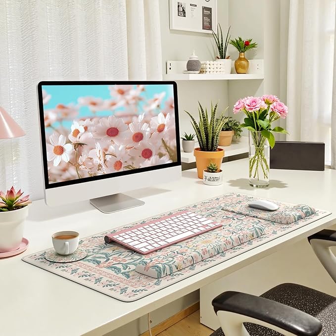 iLeadon Pink Desk Mat Set Cute, Non-Slip Mouse and Keyboard Pad Mat for Desk, Ergonomic Desk Mouse Pad Extra Large, Floral Teacher Desk Mat with Wrist Rest for Women Home Office
