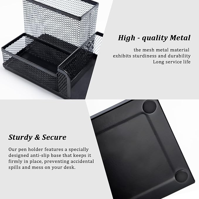 2 Pieces Black Mesh Pen Holder Desktop Organizers Pencil Holder for Desk 3 Compartments Metal Office Supply Organizer with Sticky Notes Holder forOffice Desk Accessories