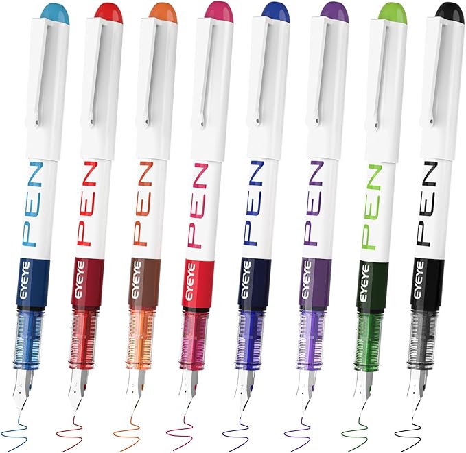 EYEYE Fountain Pens for Writing, 8 Pack Assorted Colors Fine Point Disposable Fountain Pens Stainless Steel Nib, Smooth Writing for Journaling, Drafting, Sketching, Doodling & Gifts